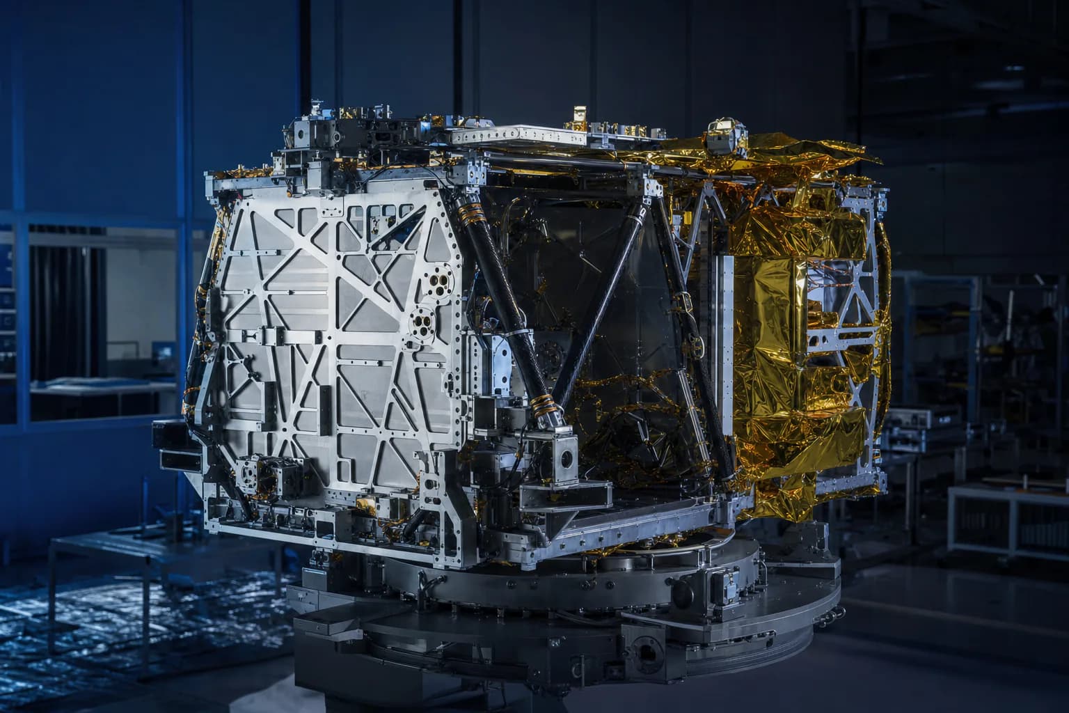 クリーンルーム内で組み立て中の衛星構体フレーム
