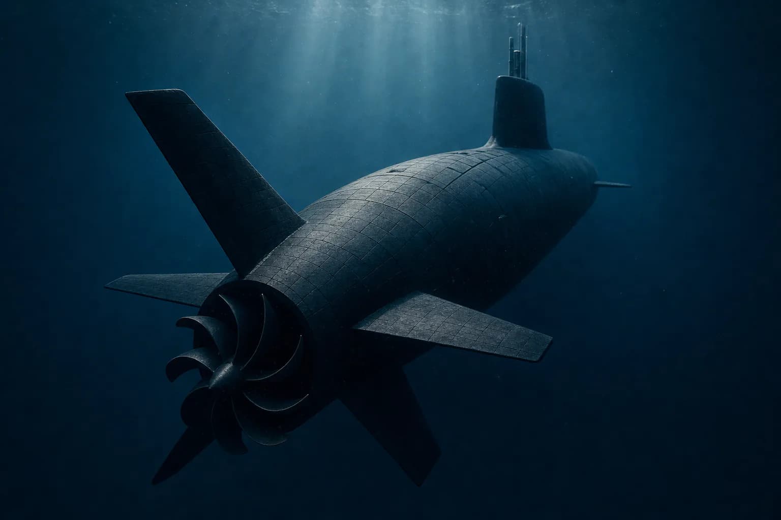 深海を航行する潜水艦の船尾であり、船体は吸音タイルで覆われております。